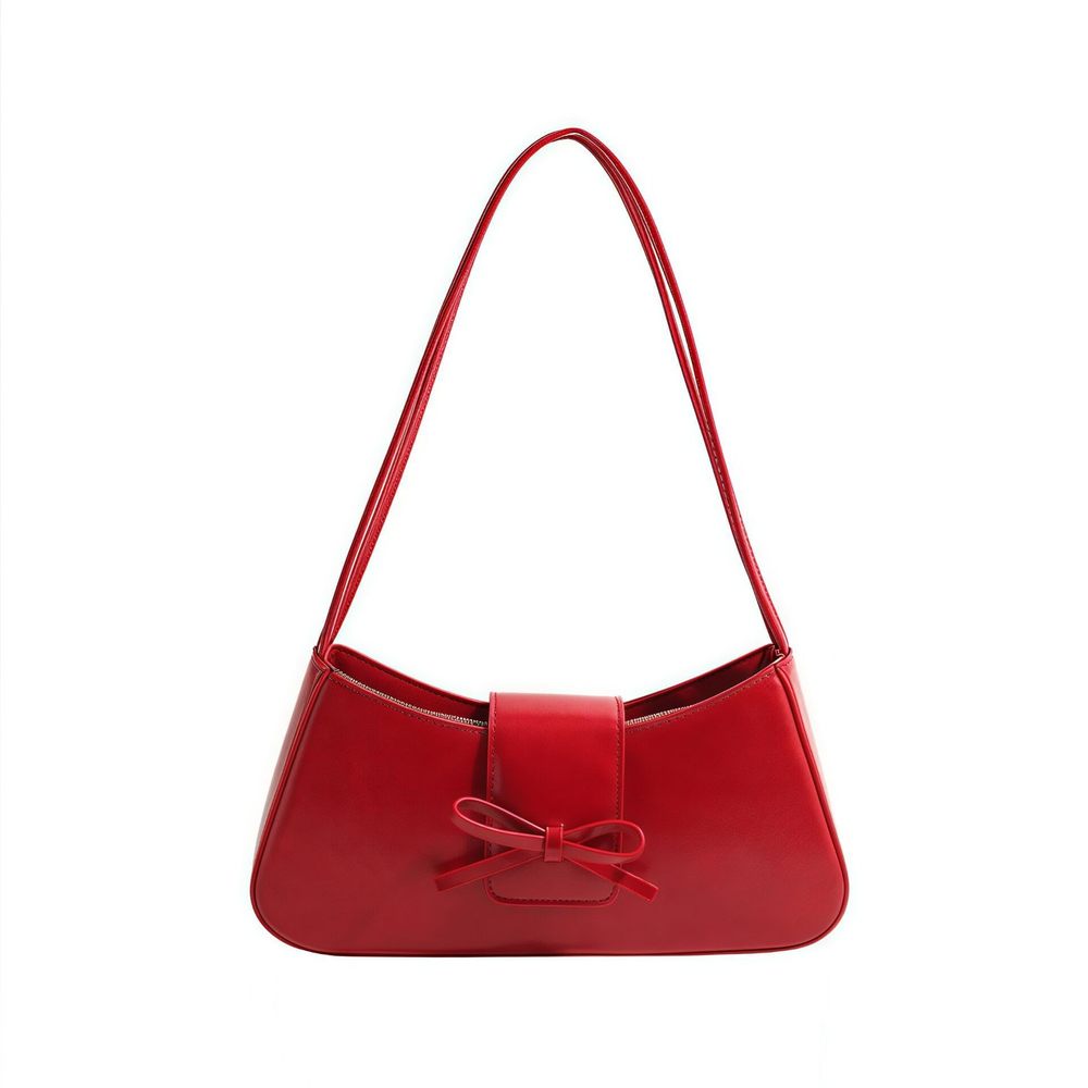 Red Y2K Shoulder Bag Vegan Leather Coquette Bow Purse Hobo Handbag, :<